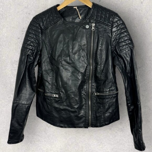 Free People Quilted Vegan Collarless Leather Jacket Black Size 4 Moto Biker Coat - Picture 10 of 15